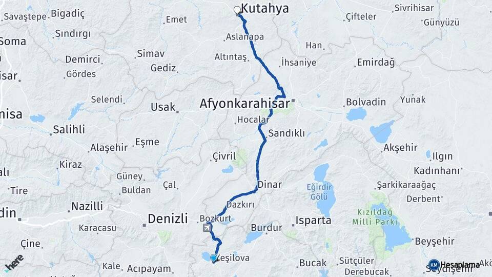 Burdur Yeşilova Kütahya Arası Kaç Km - Yol Haritası