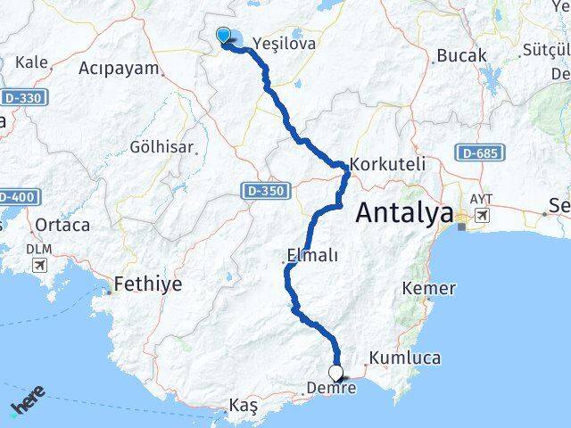 Burdur Yeşilova Salda Finike Antalya Arası Kaç Km - Yol Haritası