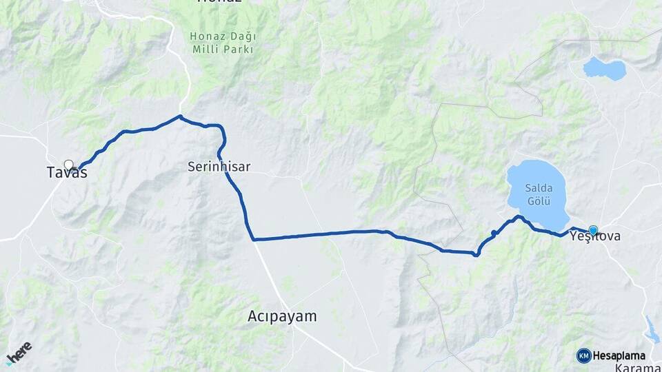 Burdur Yeşilova Tavas Denizli Arası Kaç Km - Yol Haritası