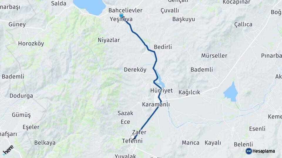 Burdur Yeşilova Tefenni Arası Kaç Km - Yol Haritası