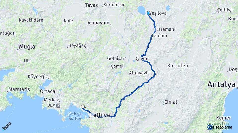 Burdur Yeşilova Yanıklar Fethiye Muğla Arası Kaç Km - Yol Haritası