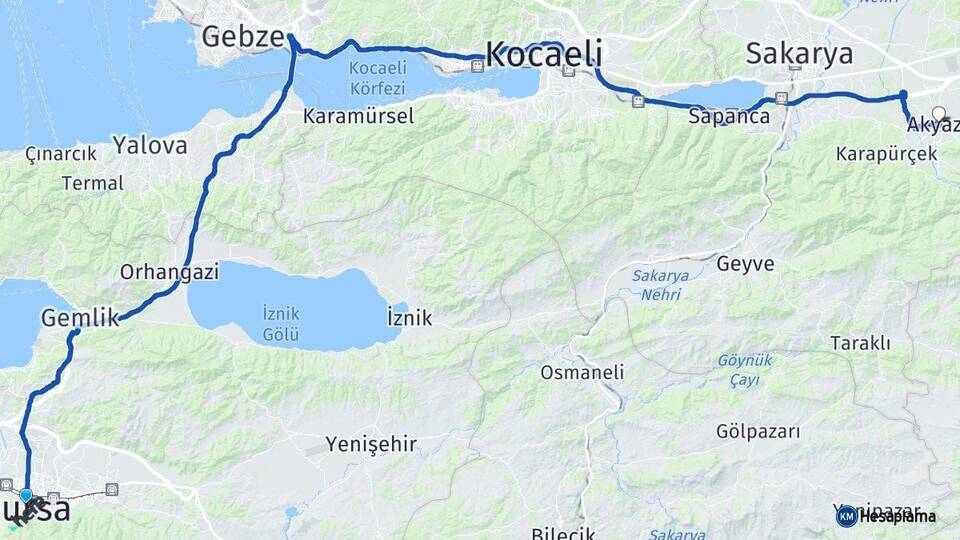 Bursa Akyazı Sakarya Arası Kaç Km - Yol Haritası