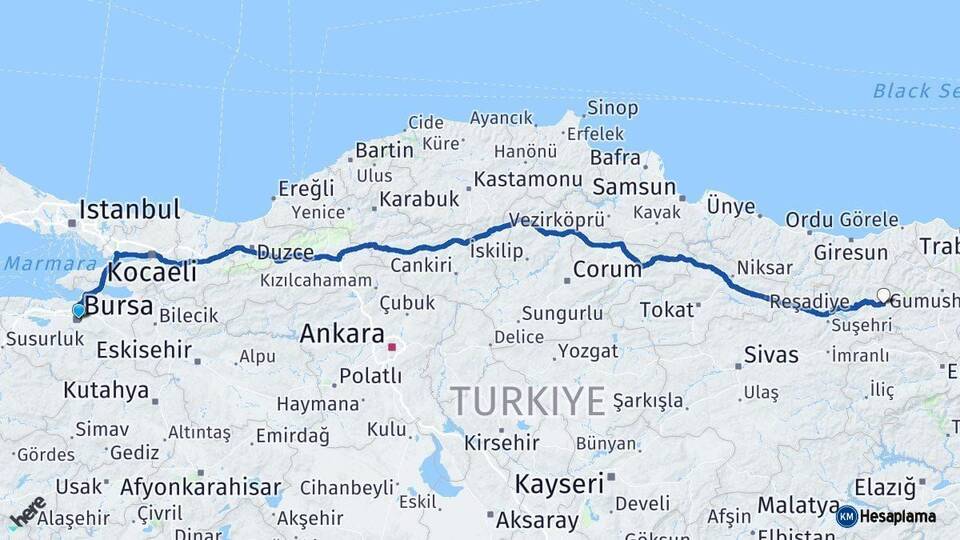 Bursa Alucra Giresun Arası Kaç Km - Yol Haritası
