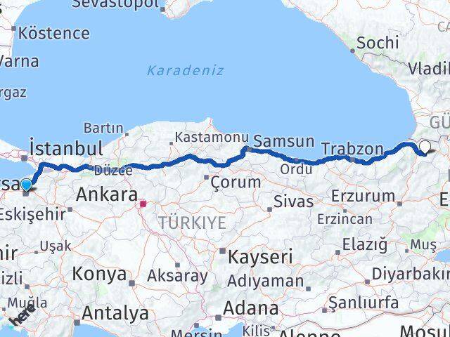 Bursa Ardanuç Artvin Arası Kaç Km - Yol Haritası