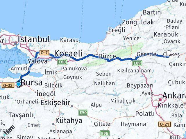 Bursa Atkaracalar Çankırı Arası Kaç Km - Yol Haritası