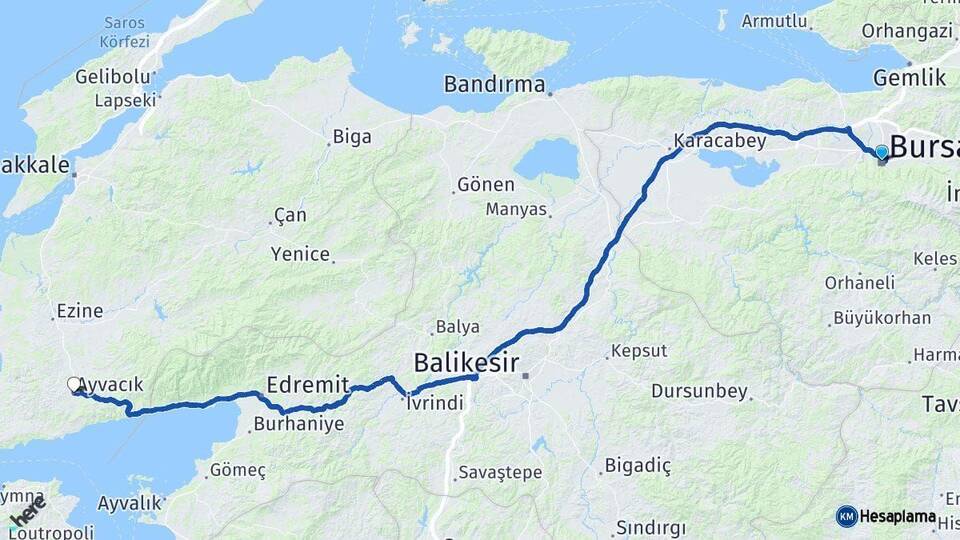 Bursa Ayvacık Çanakkale Arası Kaç Km - Yol Haritası