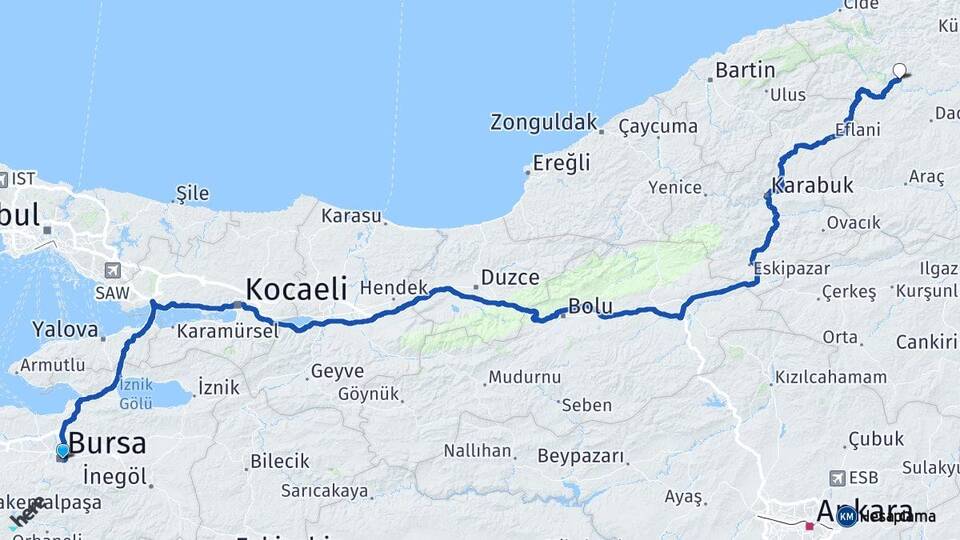 Bursa Azdavay Kastamonu Arası Kaç Km - Yol Haritası