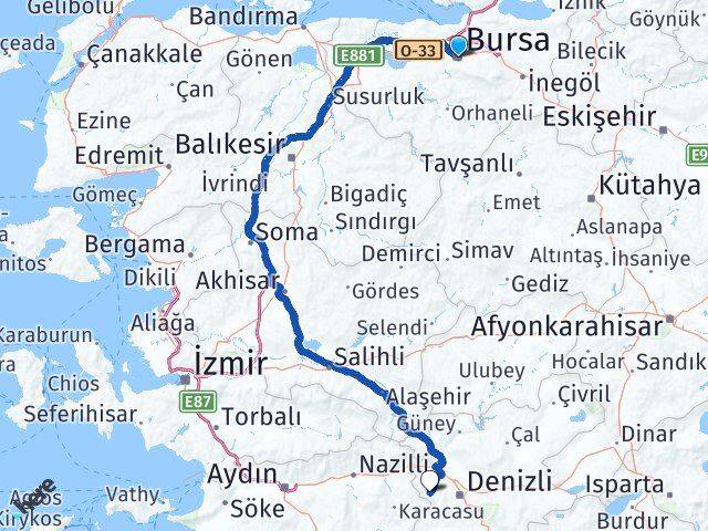 Bursa Babadağ Denizli Arası Kaç Km - Yol Haritası