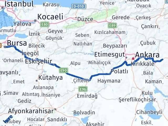 Bursa Balışeyh Kırıkkale Arası Kaç Km - Yol Haritası