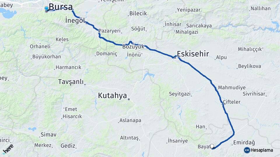 Bursa Bayat Afyonkarahisar Arası Kaç Km - Yol Haritası