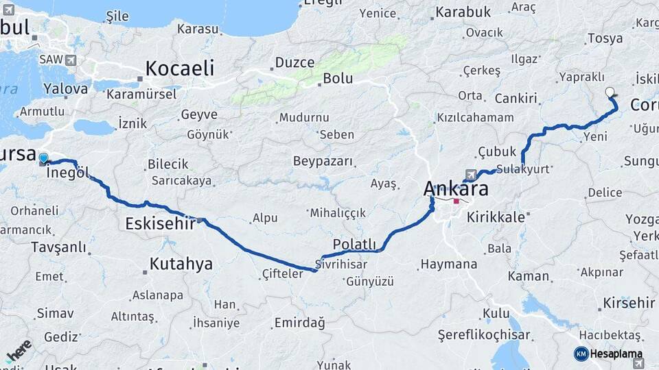 Bursa Bayat Çorum Arası Kaç Km - Yol Haritası