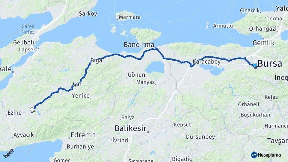 Bursa Bayramiç Çanakkale Arası Kaç Km - Yol Haritası