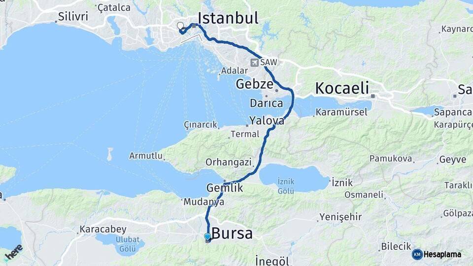 Bursa Bayrampaşa İstanbul Arası Kaç Km - Yol Haritası