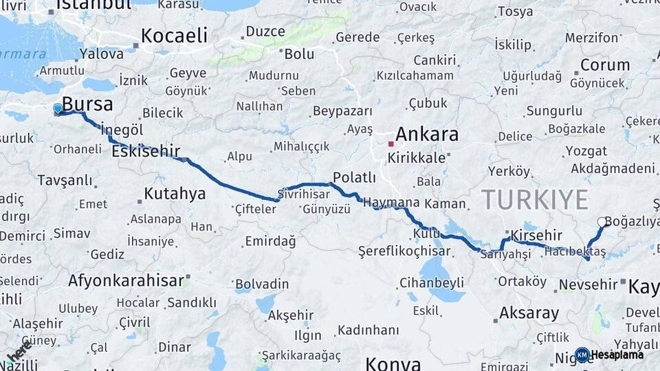 Bursa Boğazlıyan Yozgat Arası Kaç Km - Yol Haritası