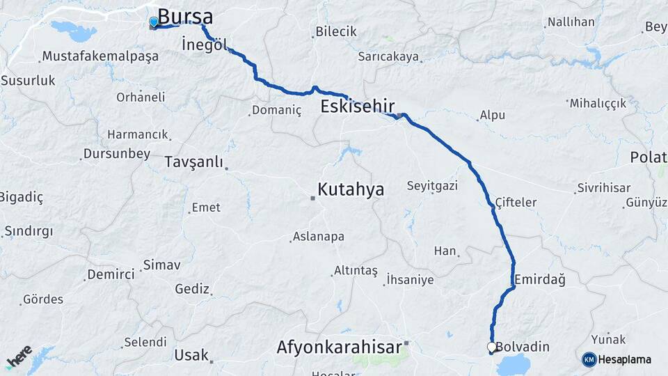 Bursa Bolvadin Afyonkarahisar Arası Kaç Km - Yol Haritası