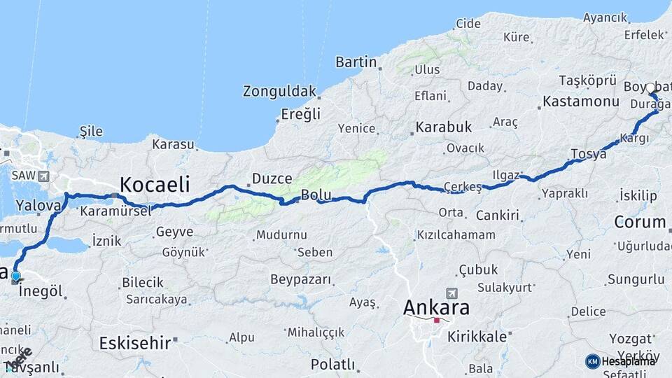 Bursa Boyabat Sinop Arası Kaç Km - Yol Haritası