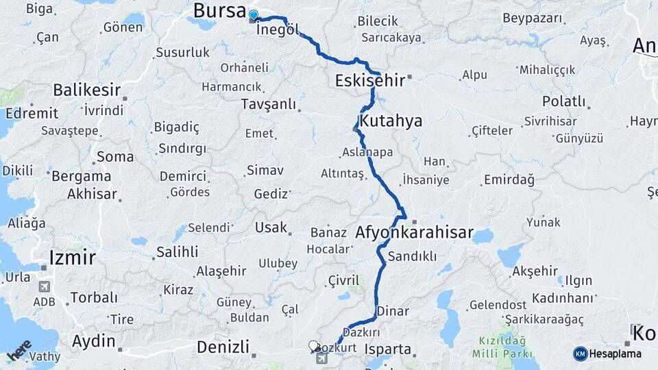 Bursa Bozkurt Denizli Arası Kaç Km - Yol Haritası