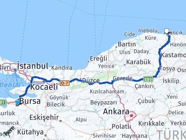 Bursa Bozkurt Kastamonu Arası Kaç Km - Yol Haritası