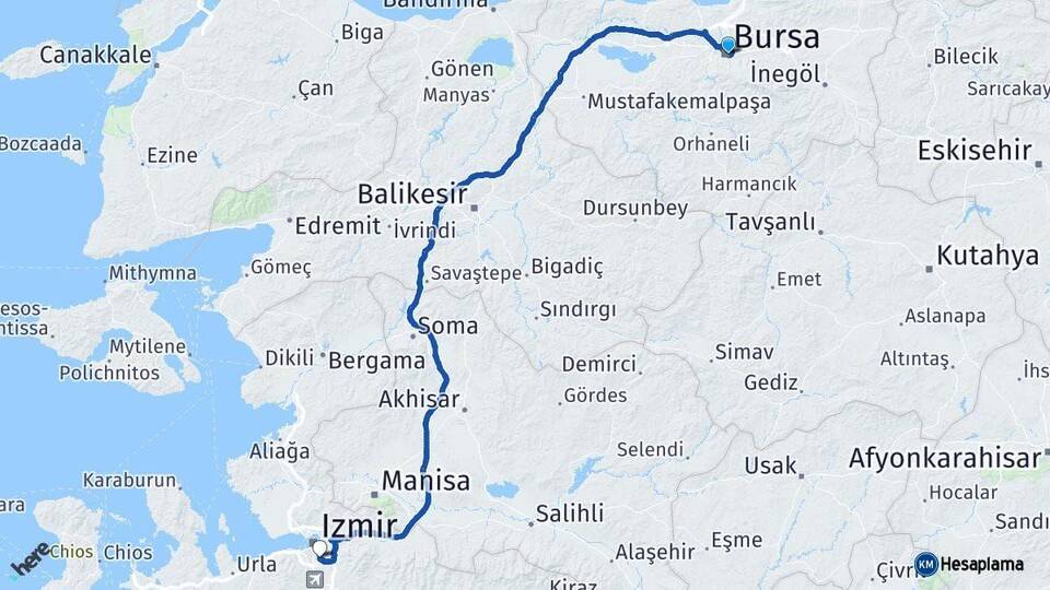 Bursa Buca İzmir Arası Kaç Km - Yol Haritası