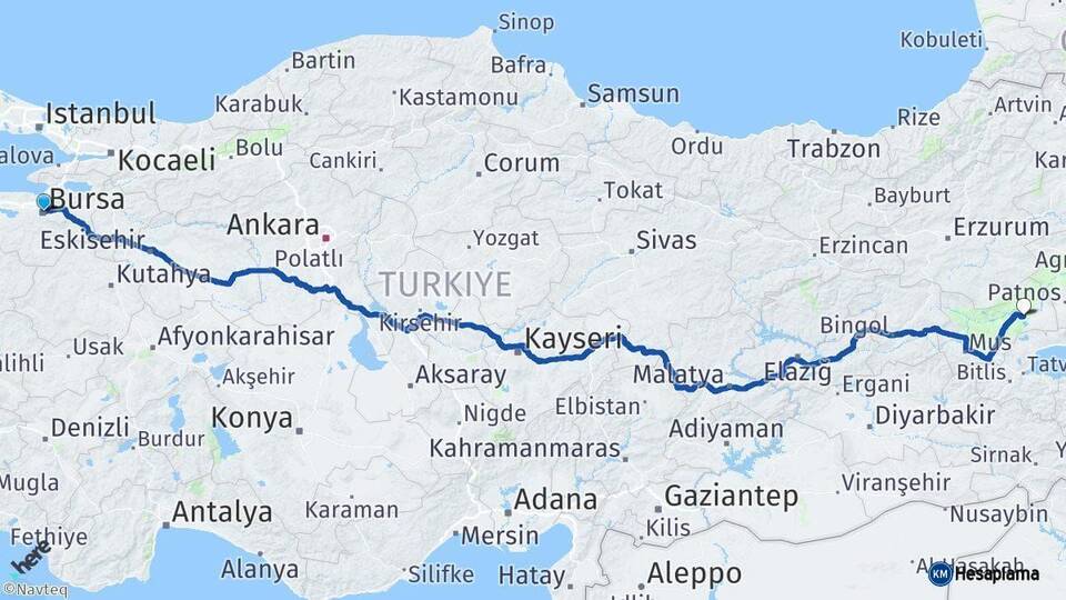 Bursa Bulanık Muş Arası Kaç Km - Yol Haritası