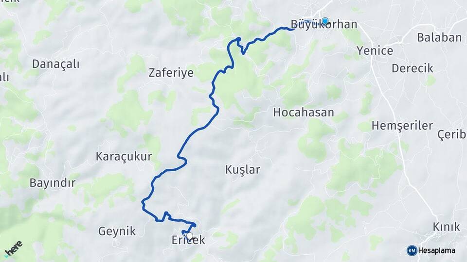 Bursa Büyükorhan Ericek Büyükorhan Arası Kaç Km - Yol Haritası