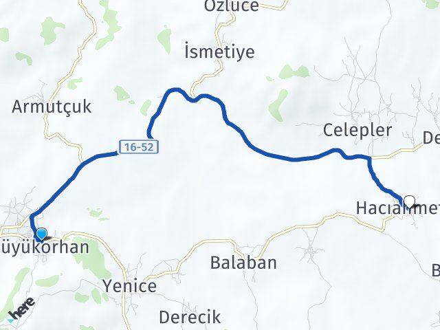 Bursa Büyükorhan Hacıahmetler Büyükorhan Arası Kaç Km - Yol Haritası
