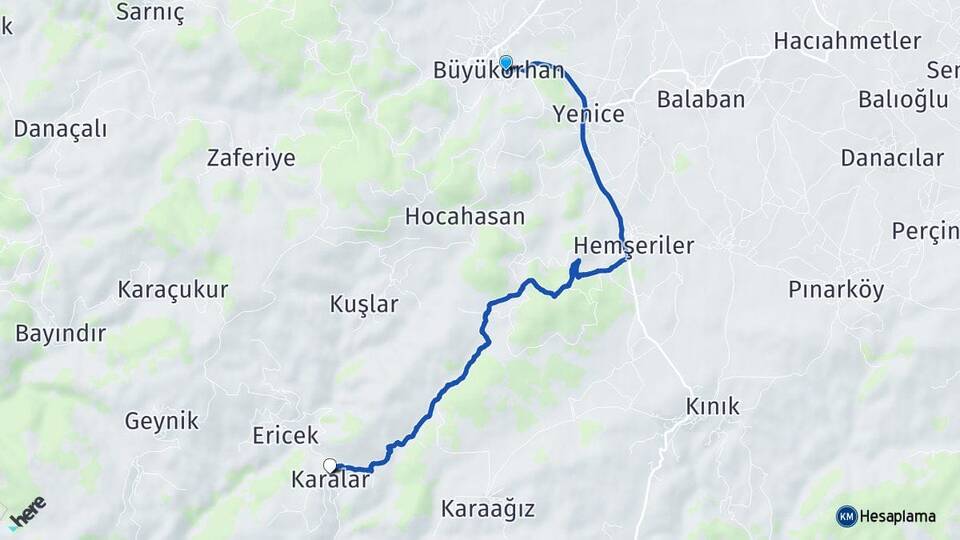 Bursa Büyükorhan Karalar Büyükorhan Arası Kaç Km - Yol Haritası