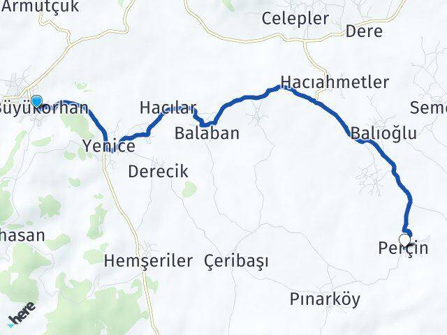 Bursa Büyükorhan Perçin Büyükorhan Arası Kaç Km - Yol Haritası