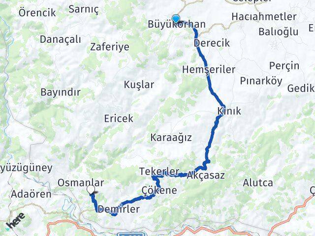 Bursa Büyükorhan Pirebeyler Büyükorhan Arası Kaç Km - Yol Haritası