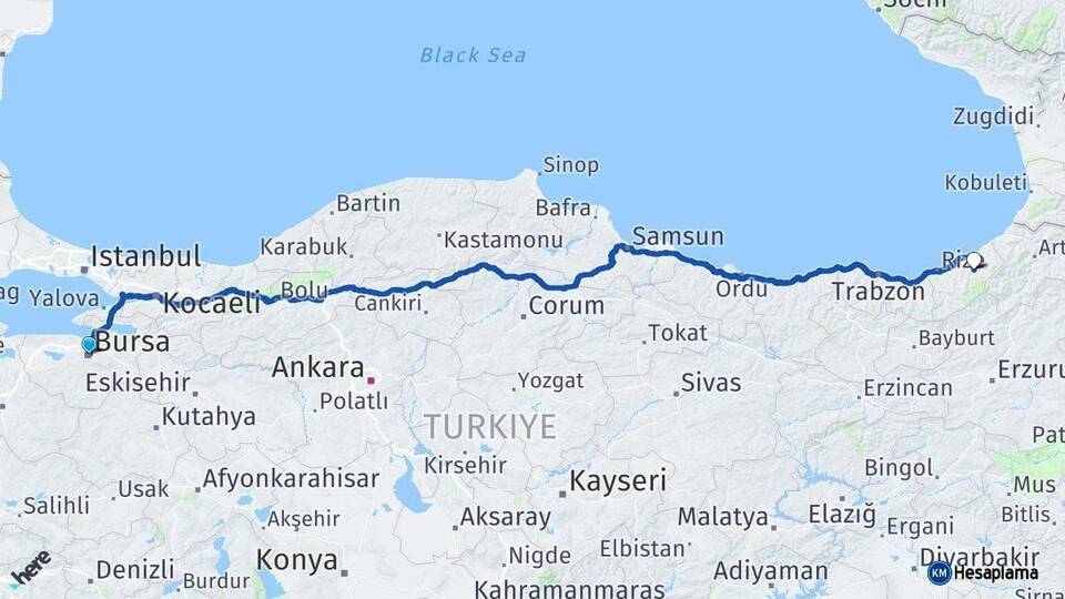 Bursa Çamlıhemşin Rize Arası Kaç Km - Yol Haritası
