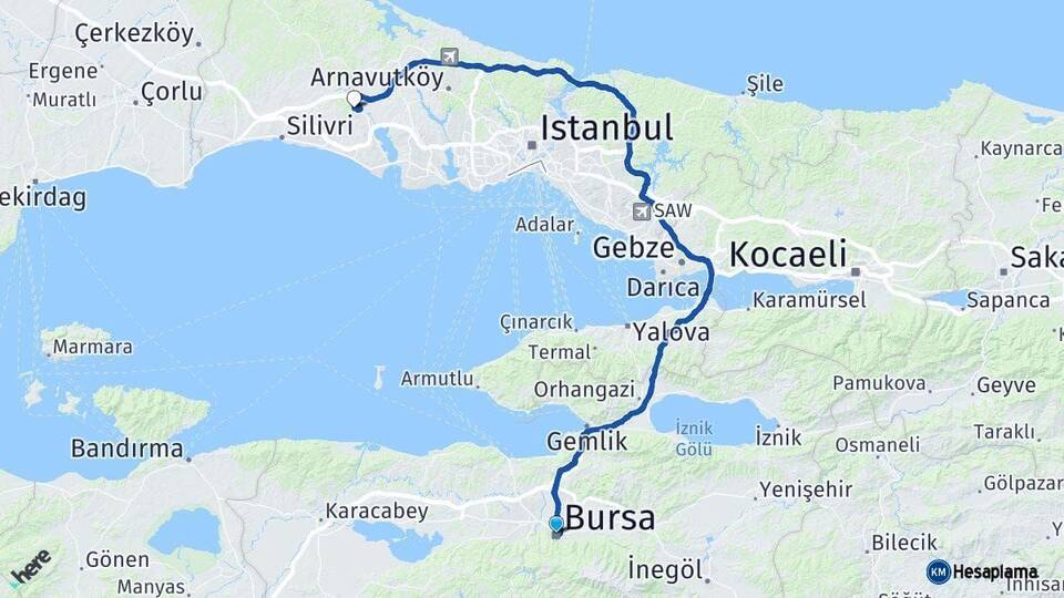 Bursa Çatalca İstanbul Arası Kaç Km - Yol Haritası