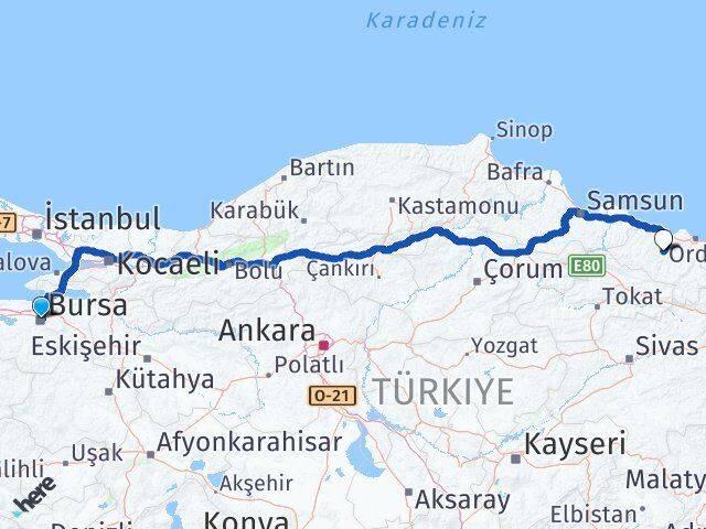 Bursa Çatalpınar Ordu Arası Kaç Km - Yol Haritası
