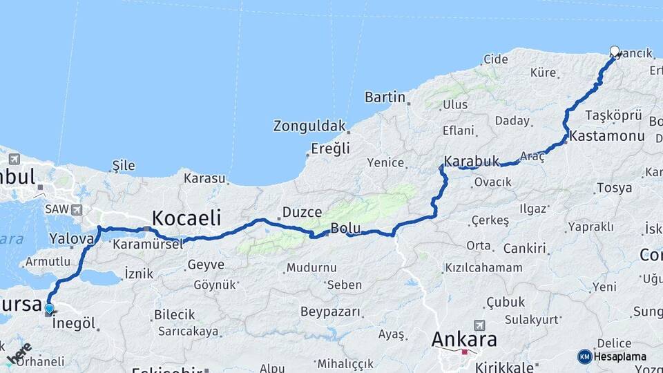 Bursa Çatalzeytin Kastamonu Arası Kaç Km - Yol Haritası