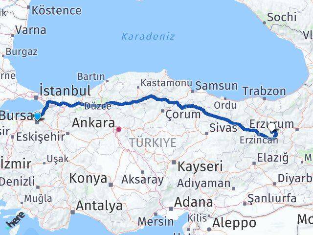 Bursa Çayırlı Erzincan Arası Kaç Km - Yol Haritası