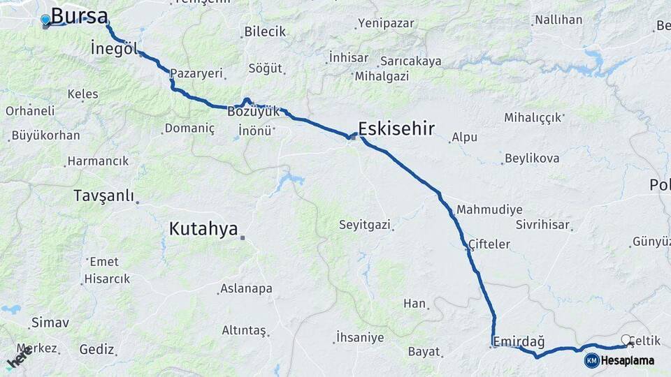 Bursa Çeltik Konya Arası Kaç Km - Yol Haritası