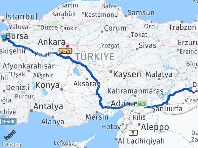Bursa Çınar Diyarbakır Arası Kaç Km - Yol Haritası