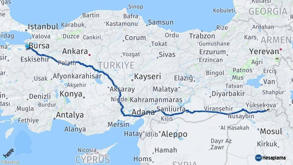 Bursa Çukurca Hakkari Arası Kaç Km - Yol Haritası