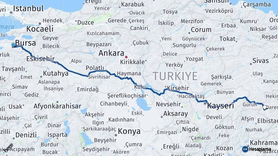 Bursa Darende Malatya Arası Kaç Km - Yol Haritası