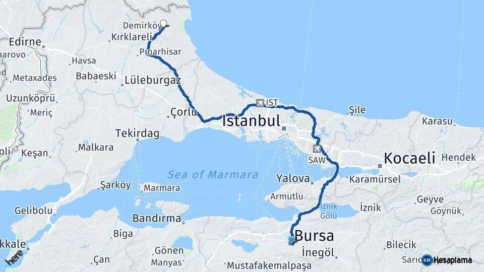 Bursa Demirköy Kırklareli Arası Kaç Km - Yol Haritası