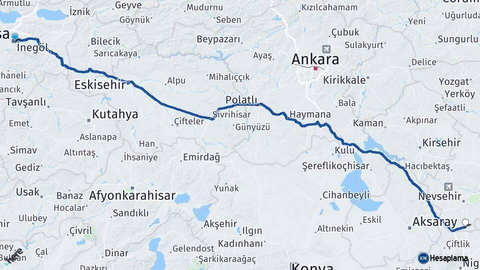Bursa Derinkuyu Nevşehir Arası Kaç Km - Yol Haritası
