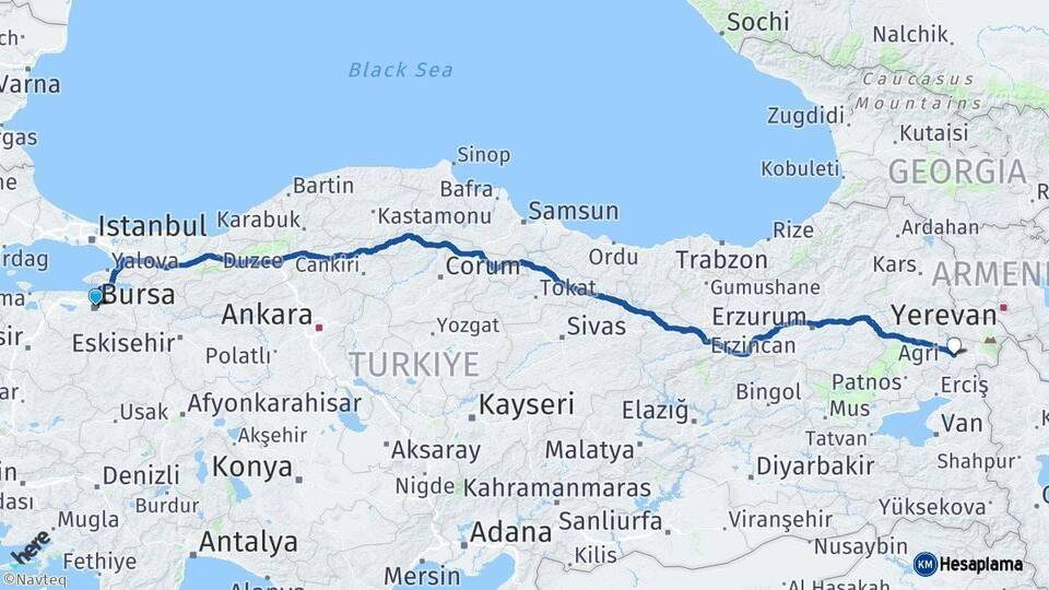 Bursa Diyadin Ağrı Arası Kaç Km - Yol Haritası