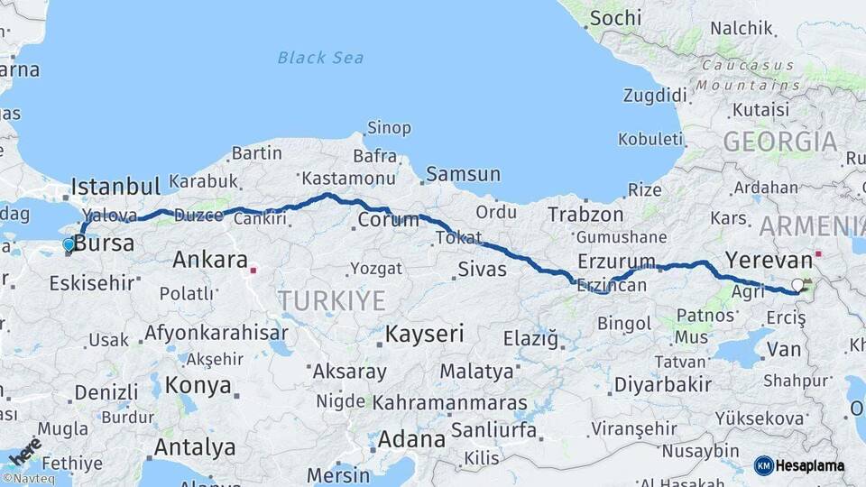 Bursa Doğubayazıt Ağrı Arası Kaç Km - Yol Haritası