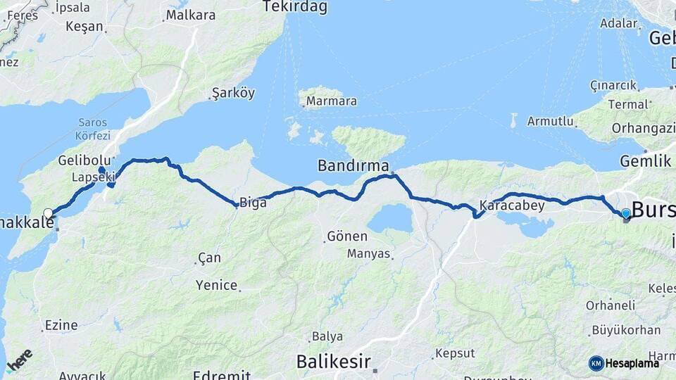 Bursa Eceabat Çanakkale Arası Kaç Km - Yol Haritası