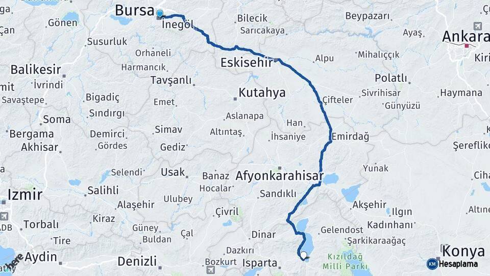 Bursa Eğirdir Isparta Arası Kaç Km - Yol Haritası