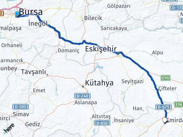 Bursa Emirdağ Afyonkarahisar Arası Kaç Km - Yol Haritası