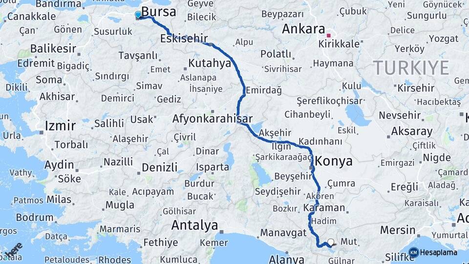 Bursa Ermenek Karaman Arası Kaç Km - Yol Haritası
