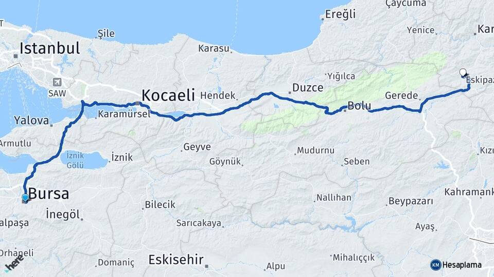 Bursa Eskipazar Karabük Arası Kaç Km - Yol Haritası