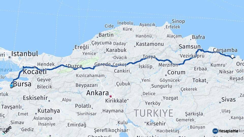 Bursa Fatsa Ordu Arası Kaç Km - Yol Haritası