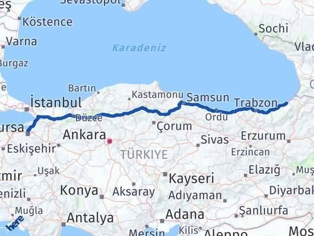 Bursa Fındıklı Rize Arası Kaç Km - Yol Haritası