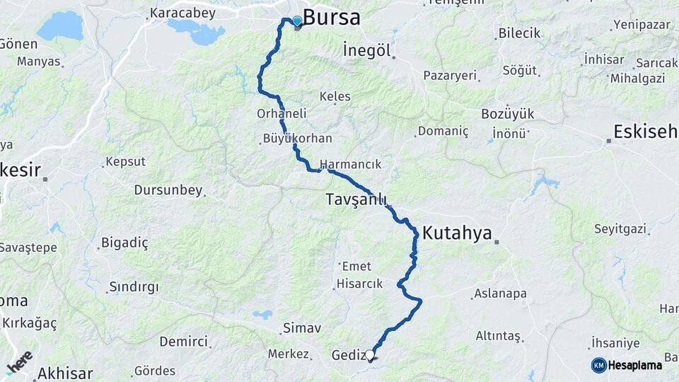 Bursa Gediz Kütahya Arası Kaç Km - Yol Haritası